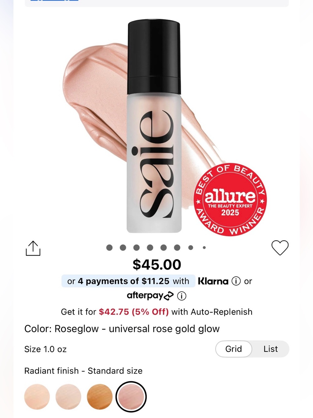 NWT Saie Roseglow Luminous Rose Gold Highlighter. Full size
